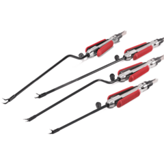 Vier Calvian endo-pen bipolare Klemmen mit schwarzem Schaft und rotem Griffbereich auf weißem Hintergrund.