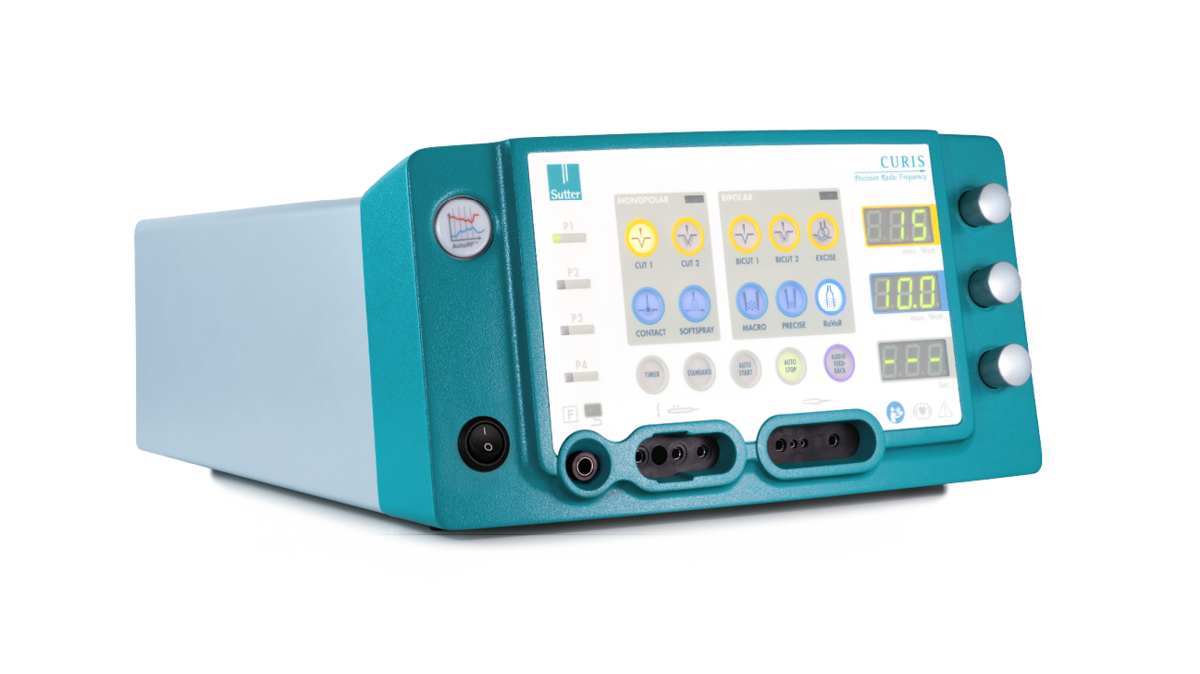 Linke Seitenansicht des CURIS® 4 MHz Radiofrequenz-Generators mit gut sichtbarem Bedienfeld, Drehreglern, Display und Anschlüssen für verschiedene chirurgische Instrumente.