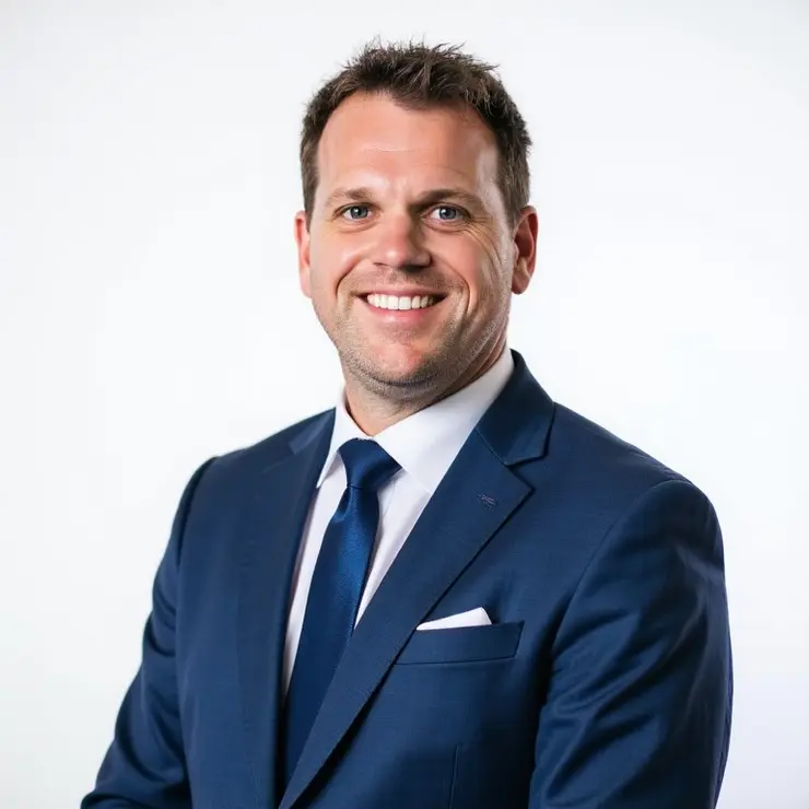 Person in blue suit with white shirt and blue tie – professional appearance in a medical or corporate setting.