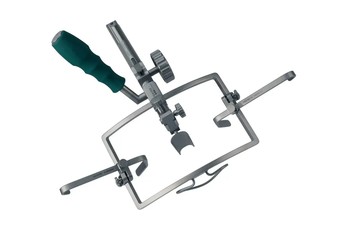 Surgical retractor with green handle and adjustable metal arms for secure wound retraction and improved visibility in the surgical field.