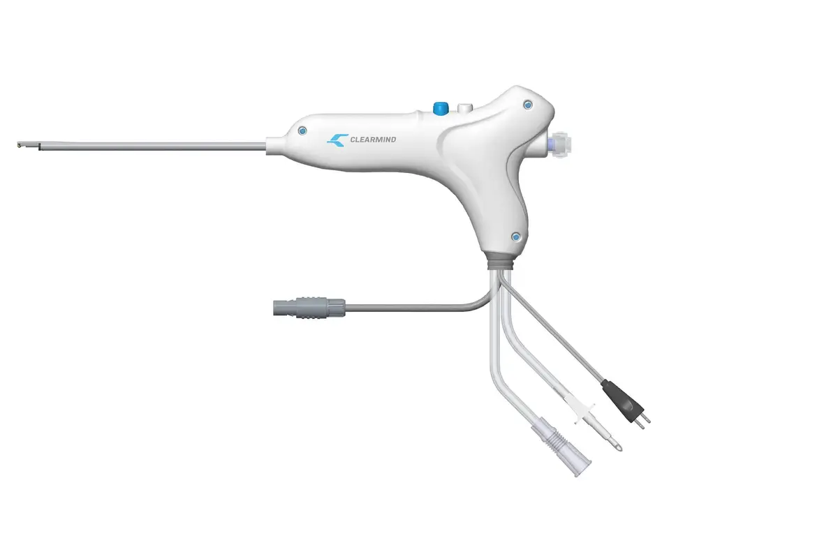 CLEARMIND medical device with long probe and rear cable connections for use in neurosurgery or ENT procedures.