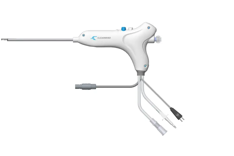 CLEARMIND medical device with long probe and rear cable connections for use in neurosurgery or ENT procedures.