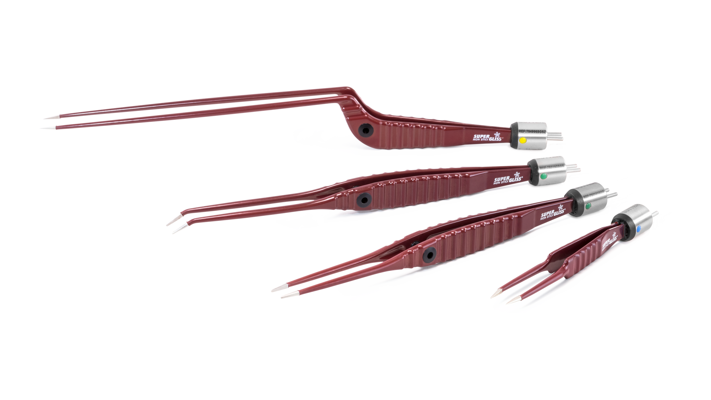 Four red SuperGliss® non-stick bipolar forceps